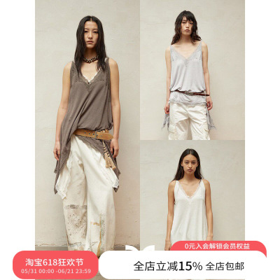 SQUARE CIRCLE 方圆V领蕾丝亚麻度假感叠穿中长款吊带背心上衣