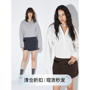 上衣 饰衬衣V领抗皱收腰衬衣女百搭长袖 square circle方圆系带装