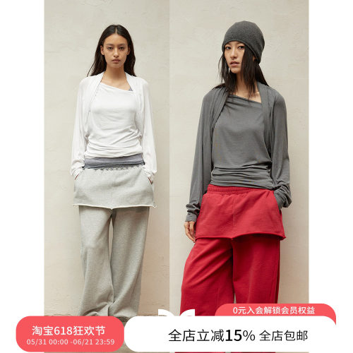 SQUARE CIRCLE 方圆假两件醋酸披肩不规则斜肩收腰显瘦长袖上衣
