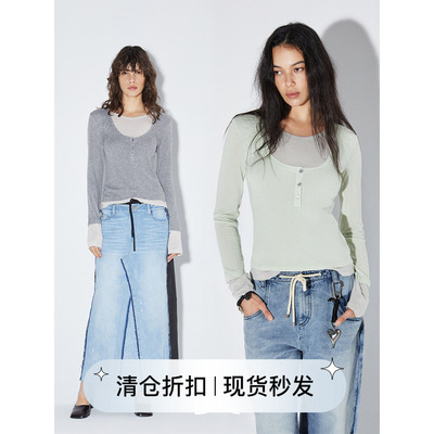 层次感假两件长袖亨利打底衫