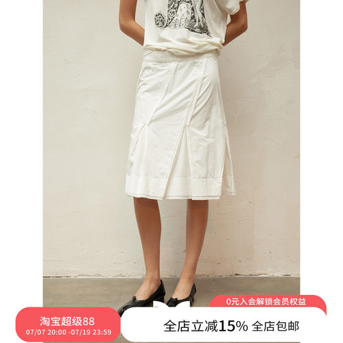 SQUARE CIRCLE方圆春夏压褶解构设计定制蕾丝标高腰中长A字半身裙