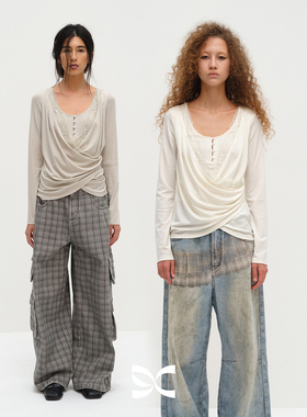 SQUARE CIRCLE 方圆天丝醋酸不规则荡领拼蕾丝收腰慵懒长袖T恤