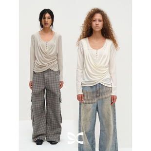 T恤 方圆天丝醋酸不规则荡领拼蕾丝收腰慵懒长袖 SQUARE CIRCLE