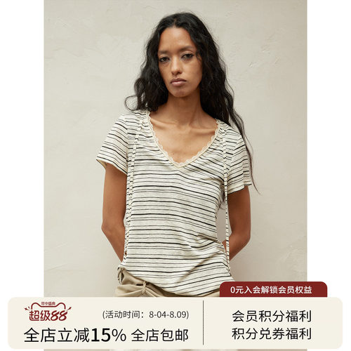 SQUARE CIRCLE 方圆V领蕾丝拼接撞色条纹串珠系带收腰休闲短袖T恤