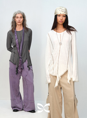 SQUARE CIRCLE 方圆设计感亚麻棉微透蕾丝拼接荷叶边下摆长袖T恤