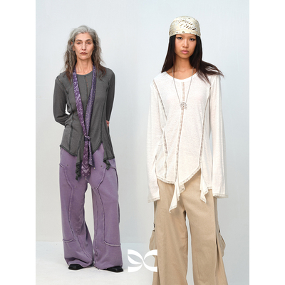 SQUARE CIRCLE 方圆设计感亚麻棉微透蕾丝拼接荷叶边下摆长袖T恤