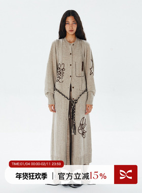 square circle方圆 全羊毛绣花图案蝙蝠袖坎肩背心长裙针织三件套