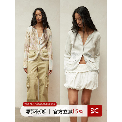 SQUARE CIRCLE 方圆原创海洋印花棉感坑条慵懒针织毛衣开衫上衣