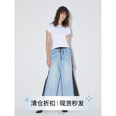 假两件拼接牛仔长半裙