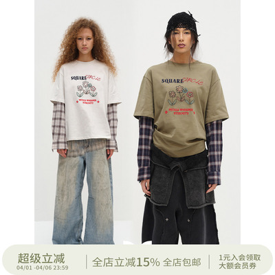 SQUARE CIRCLE 方圆街头感假两件米珠刺绣撞色格纹拼接长袖T恤