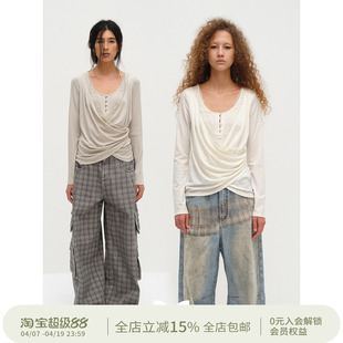 SQUARE CIRCLE 方圆天丝醋酸不规则荡领拼蕾丝收腰慵懒长袖T恤