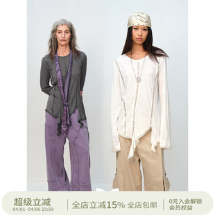 方圆设计感亚麻棉微透蕾丝拼接荷叶边下摆长袖 T恤 CIRCLE SQUARE