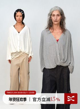 SQUARE CIRCLE 方圆亚麻V领扭结堆感设计防晒长袖罩衫T恤