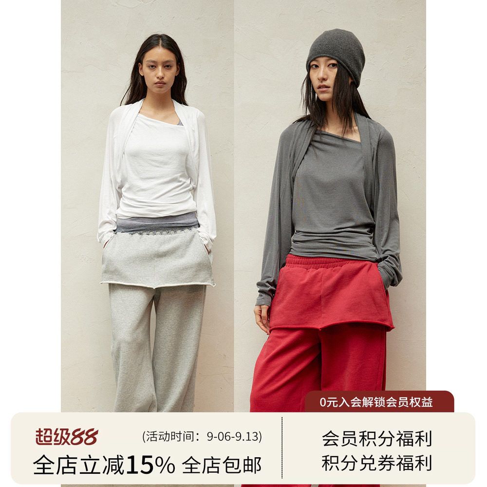 SQUARE CIRCLE 方圆假两件醋酸披肩不规则斜肩收腰显瘦长袖上衣图片