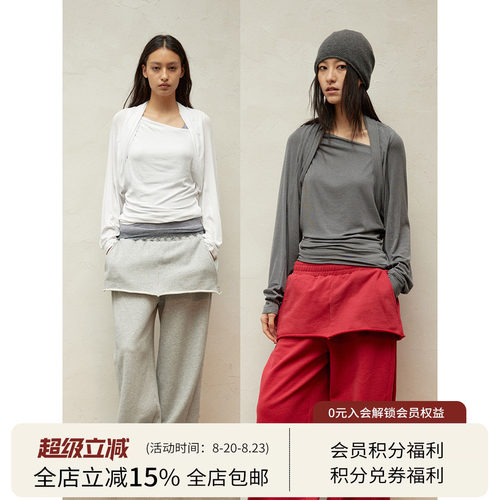 SQUARE CIRCLE 方圆假两件醋酸披肩不规则斜肩收腰显瘦长袖上衣