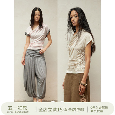 SQUARE CIRCLE 方圆春夏新中式拉链双层堆褶朦胧肌理感短袖上衣女