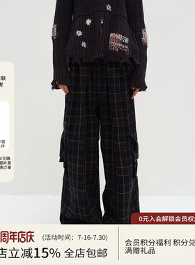 SQUARE CIRCLE 方圆羊毛呢格纹复古褶量感秋冬宽松休闲工装裤长裤