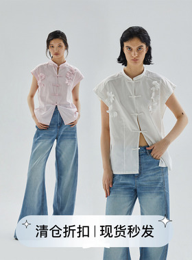 square circle方圆新中式手工盘扣花瓣短袖纯棉衬衣女夏季衬衫