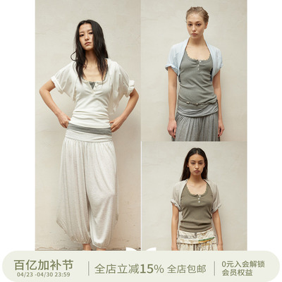 SQUARE CIRCLE 方圆春夏迷你堆堆袖叠穿卷边短袖坎肩休闲短款上衣