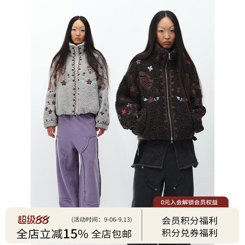 SQUARE CIRCLE 方圆花纹刺绣立领复古时髦羊羔绒摇粒绒保暖外套