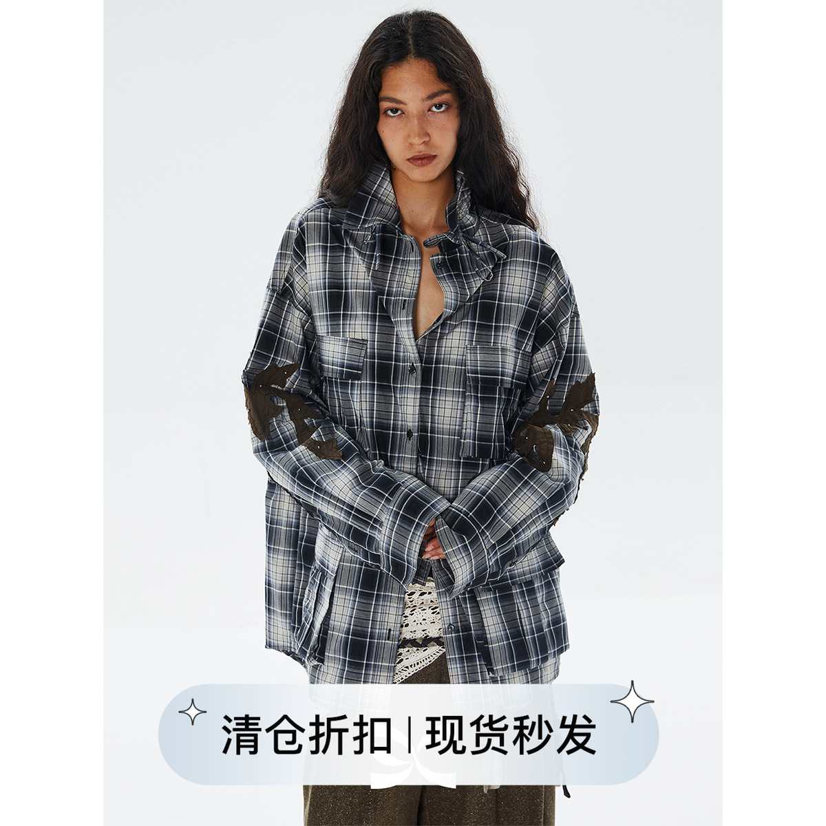 抽褶格纹工装口袋长袖衬衫