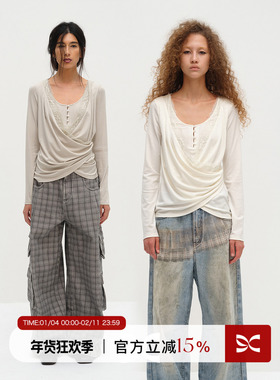 SQUARE CIRCLE 方圆天丝醋酸不规则荡领拼蕾丝收腰慵懒长袖T恤