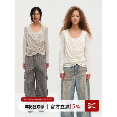 SQUARE CIRCLE 方圆天丝醋酸不规则荡领拼蕾丝收腰慵懒长袖T恤