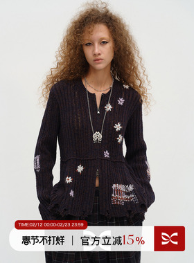 Square Circle 方圆设计感手工绣花修身休闲针织开衫拉链毛衣外套