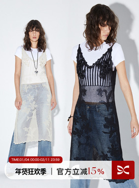 square circle方圆镂空叠穿吊带针织裙女春季新款宽松轻薄连衣裙