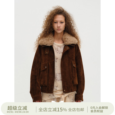 SQUARE CIRCLE 方圆可拆卸毛领两穿复古工装短款廓形麂皮夹克外套