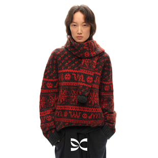 Square Circle方圆蛇年圣诞红羊毛苹果与蛇提花费尔岛围巾毛衣