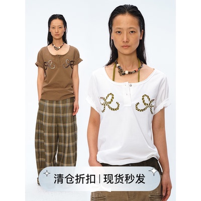 Square Circle 方圆设计感镂空蝴蝶结刺绣绣花领口毛边短袖T恤