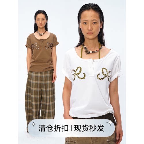 Square Circle 方圆设计感镂空蝴蝶结刺绣绣花领口毛边短袖T恤