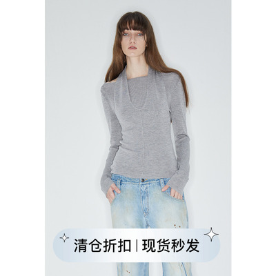 假两件式挂脖针织打底毛