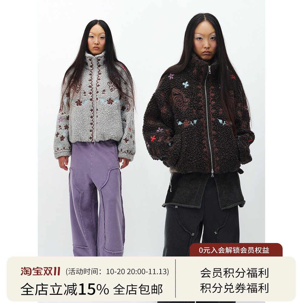 SQUARE CIRCLE 方圆花纹刺绣立领复古时髦羊羔绒摇粒绒保暖外套