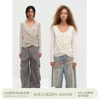 SQUARE CIRCLE 方圆天丝醋酸不规则荡领拼蕾丝收腰慵懒长袖T恤