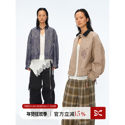 联名印花手工刺绣珠片系带夹克
