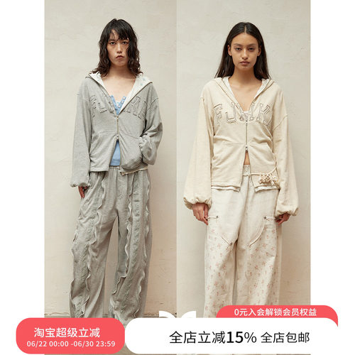 SQUARE CIRCLE方圆毛边贴布字母刺绣碎花拼接蝙蝠袖卫衣外套上衣