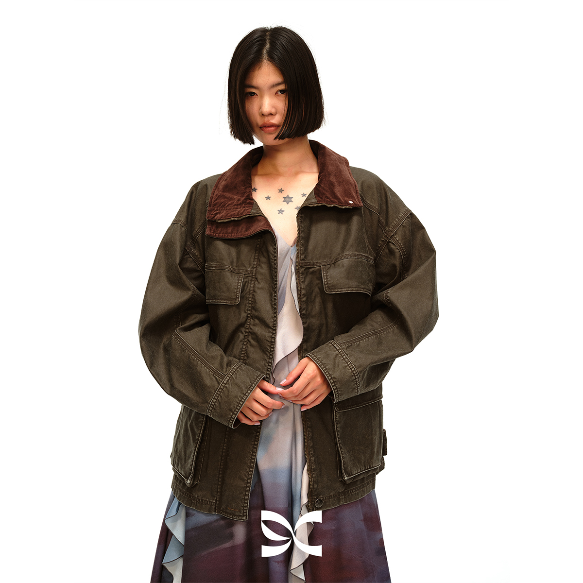 Square Circle方圆全棉宽松水洗复古做旧灯芯绒翻领猎装夹克外套