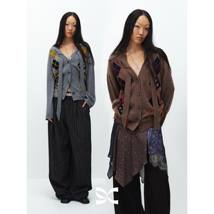 方圆羊毛复古格纹菱格V领穿绳飘带慵懒感毛衣开衫 SQUARE CIRCLE