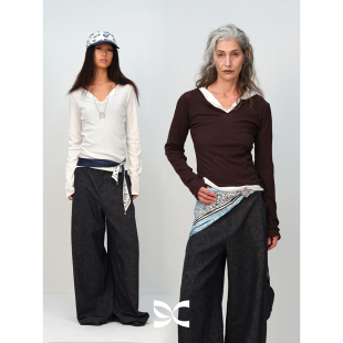 显瘦长袖 方圆全棉微透基础V领开领正肩修身 T恤 CIRCLE SQUARE