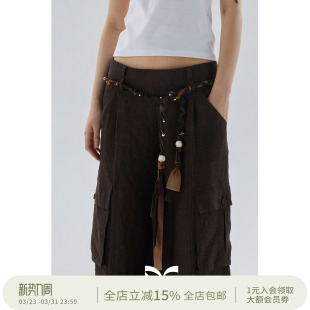 square circle方圆天然玛瑙散珠手工编织亚麻印花小众设计感腰带