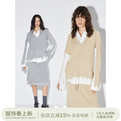 假两件针织衬衫拼接上衣半裙套装