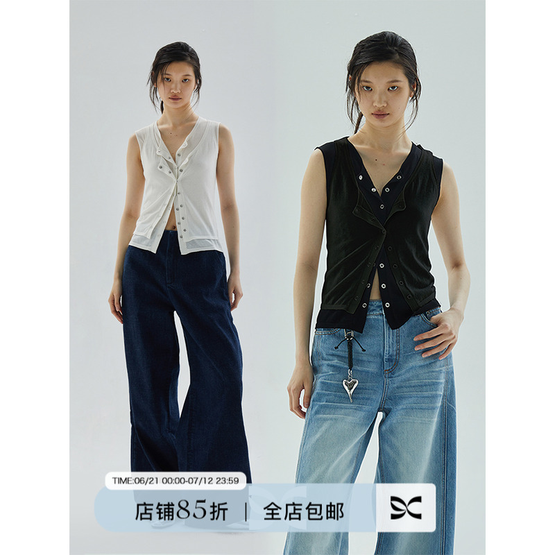 方圆假两件背心针织衫短袖