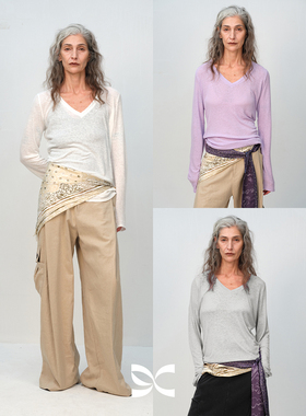 SQUARE CIRCLE 方圆亚麻棉基础V领微透百搭叠穿舒适休闲长袖T恤