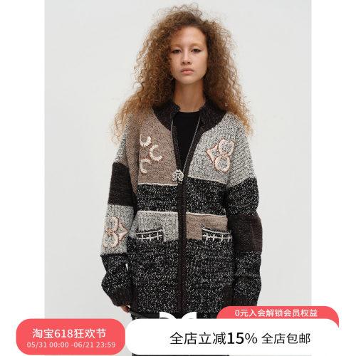 SQUARE CIRCLE 方圆绵羊毛拉链刺绣拼接秋冬复古圣诞大毛衣外套