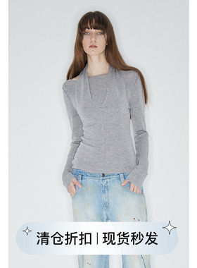 square circle方圆 高支美利奴羊毛设计感假两件式挂脖针织毛衣