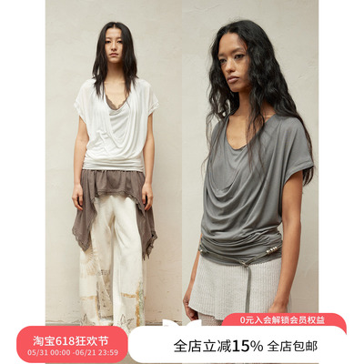 SQUARE CIRCLE 方圆真两件挂脖荡领垂坠堆感收腰休闲短袖T恤上衣
