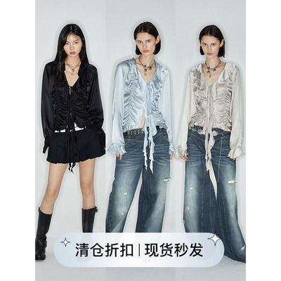 衬衫女抽皱显腰身长袖衬衣秋