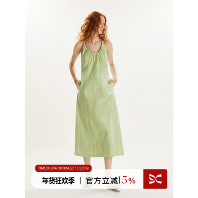 日苹果绿抽皱绑带法式连衣裙